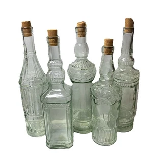 Set Of 5 Williams Sonoma GREEN Glass Bottles With Cork Tops Made In Spain Decor - Picture 1 of 12