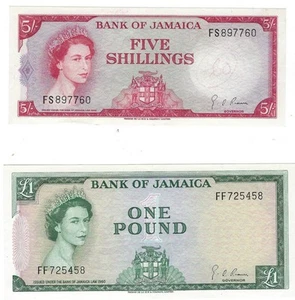 Lot of 2 Jamaica - 5 Shillings&1 Pound -AU/UNC- Fancy SN ,Q Elizabeth + Gift! - Picture 1 of 3