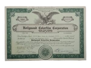 1946 Hollywood Colorfilm Stock Certificate #1691 Issued To Mrs. Rush M. Fischer