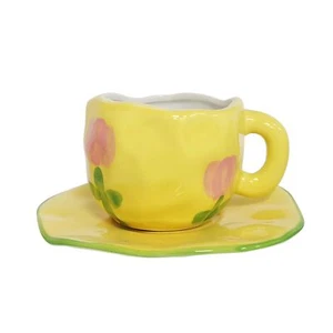 Ceramic Coffee Mug with Saucer Set 10oz Creative Tea Mug Office Yellow Tulip - Picture 1 of 1