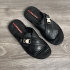 Prada Men’s Sandals Saffiano Leather Crisscross Slides Size 7 US Silver Buckle