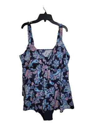One Piece Beach Swimdress Women's Navy Blue Paisley Ruffle Tiered Size 22W - Image 1 of 4
