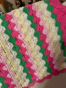 Handmade Crochet Pink Green Cream Yellow Blanket Afghan Throw 72x52 Granny Core - Picture 1 of 6