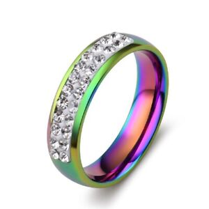 Mystic Rainbow Titanium Steel White CZ Band Women's Wedding Party Ring Size 5-11