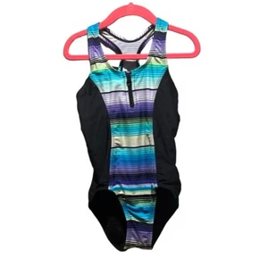 Girls Zeroxposur One Piece Swimsuit Size XS 4 or 5 Zipper Sporty stripes - Picture 1 of 9