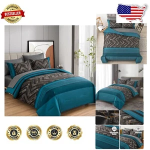 Geometric Teal Blue King Size Comforter Set - Soft Microfiber & Machine Washable - Picture 1 of 9