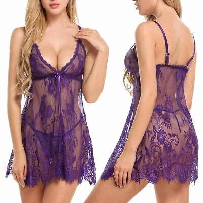 Sexy Women's Floral Lingerie Open Front Babydoll See-through Sleepwear G-string - Image 1 of 4