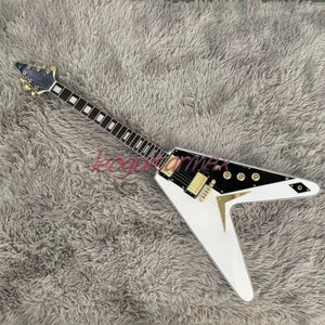 Custom Flying V Electric Guitar White Solid Body 2 Humbuckers Gold Hardware - Picture 1 of 7