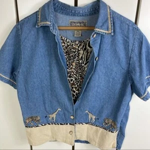 Vintage TanTrum Blues Embroidered Ladies Button Front Safari Top - Petite Medium - Picture 1 of 8