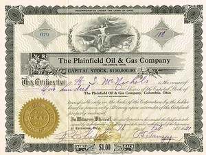 USA THE PLAINFIELD OIL & GAS COMPANY stock certificate 1921 - Picture 1 of 1
