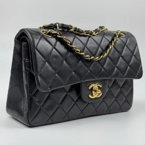 Auth CHANEL Small Classic Double Flap Chain Bag Black Lambskin 2000-2002 a29 - Picture 1 of 24