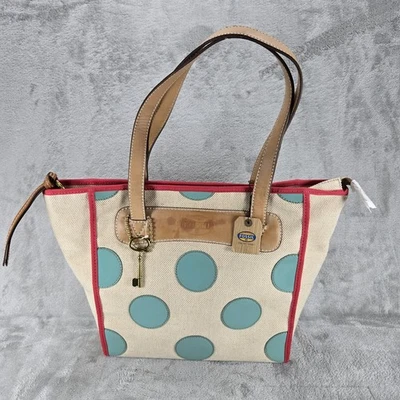 Fossil Key Per Shopper Tote Womens Large Aqua Woven Polka Dot New - Image 1 of 4