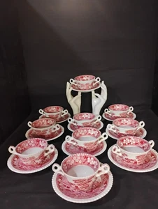 Vintage, Spode's Tower pink set of ten - two Handled Boullion bowls with plates - Picture 1 of 16