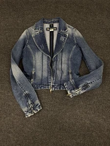 Chaqueta de mezclilla recortada azul envejecida pequeña AB Jeans manga larga Y2K - Imagen 1 de 8