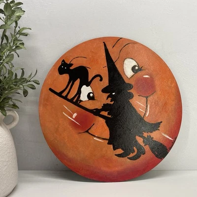 Vintage Dennison Inspired Artwork Flying Witch Cat And Moon Acrylic On Wood - Image 1 of 4
