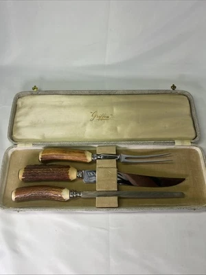 Griffon Cutlery Carving Set with Stag Handles and Case Sheffield Vintage - Image 1 of 4