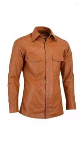 Men's Soft Brown Leather Slim Fit Full Sleeve Button up Shirt - Picture 1 of 4