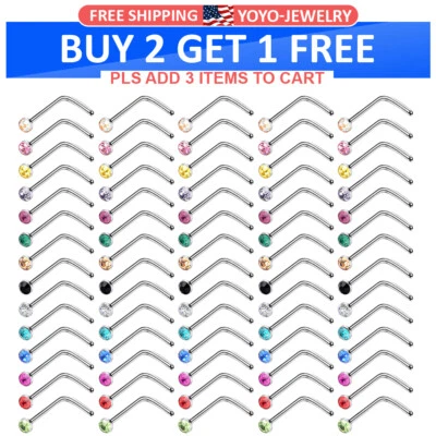 Piercing de pasador de fosa nasal con curva en L de acero inoxidable colorida circonita cúbica 70 un. Foto 1 de 3