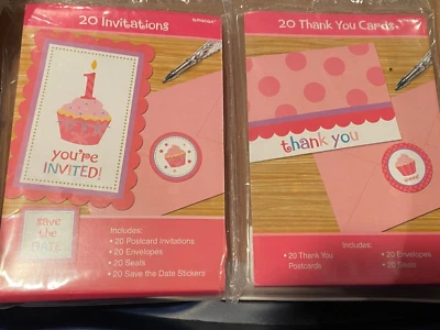 1 Pack of 20 Baby Girl Birthday Invitations 1 Pack of Thank You Cards *NEW* r1 - Image 1 of 4