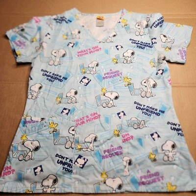 Peanuts Women's Scrub Top Size XS Snoopy Woodstock Internet Play Blue - Image 1 of 4