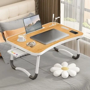 Portable Foldable Laptop Desk with USB Light, Fan, Cup Holder & Tablet – Walnut - Picture 1 of 11