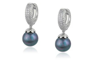18ct White Gold GF Ladies Black Pearl Drop Earrings Made With Swarovski® Earring - Picture 1 of 3