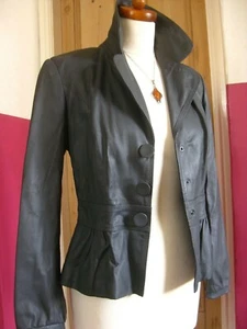 M&S LEATHER JACKET 10 8 BIKER COAT AUTOGRAPH peplum smart grey real soft - Picture 1 of 12
