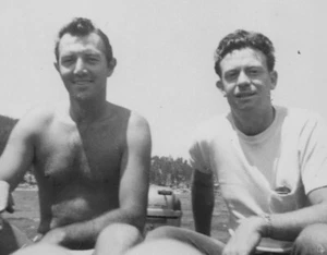 1950s Handsome Men Friends Boating Outdoors Summer Portrait Shirtless - Picture 1 of 3