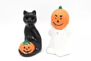 Vintage Keramik Geisterkatze Kürbis Jack O Laterne Kerze Votivhalter Halloween - Bild 1 von 5
