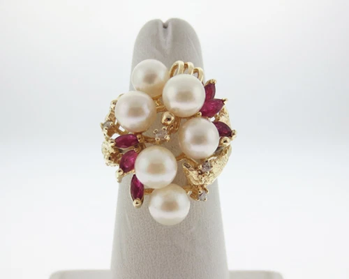 Cultured Pearls Diamonds Rubies Solid 14k Yellow Gold Cluster Cocktail Ring   - Image 1 of 4