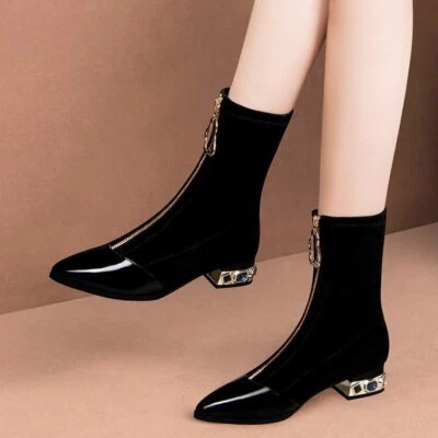 Occident Style Women Pointed Toe Front Zip Ankle Boots Low Block Heel Rhinestone - Image 1 of 4