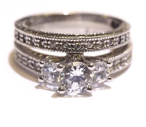 925 sterling silver CZ cubic Zirconia Engagement wedding band ring set 6.8g 8.25 - Imagen 1 de 6