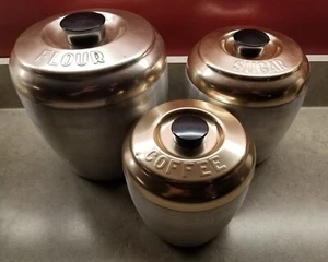 Vintage 1950s Tin Nesting Canisters Flour Sugar Coffee with Copper Color Lids - Picture 1 of 13