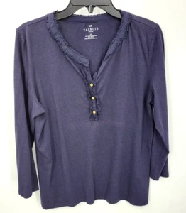 Talbots Top Womens Large Petite Blue Ruffled Henley Long Sleeve Pullover Knit - Picture 1 of 7