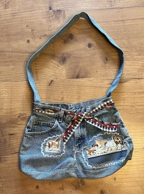 Kitsch Upcycled VTG Riders Denim Jeans Purse Bag Handmade Horses Applique Boho - Image 1 of 4