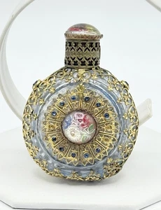 Vintage Czecho Parfum Duft Flakon mit Gold Filigran Emaille Blume Glas Applikator - Bild 1 von 13
