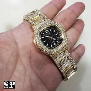 Unisex 14K Gold plated Lab Diamonds iced Luxury Metal Band Clubbing Watch - Picture 1 of 7