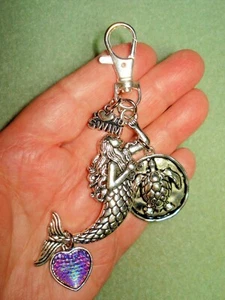 4 3/4" Drop Mermaid, Sea Turtle, Heart "Swim" Charm Silver Plate Key Ring Glitz - Bild 1 von 7