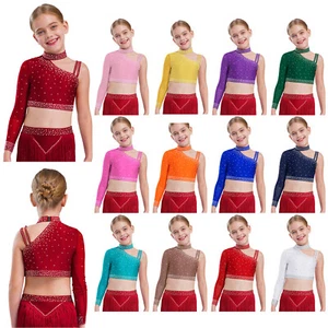 Kids Girls Dance Shirts One Shoulder Long Sleeve Rhinestones Athletic Crop Tops - Picture 1 of 116