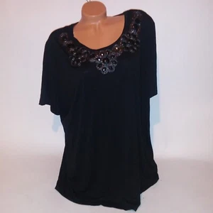 Fashion Bug Blouse Womens Plus Size 2X Black Beaded Bling Scoop Neck Short Sleev - Picture 1 of 9