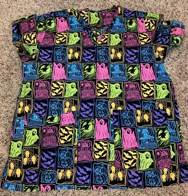 Nursing Sized Small Scrub Uniform Top.  Haunted House, Halloween, Ghosts. - Image 1 of 4