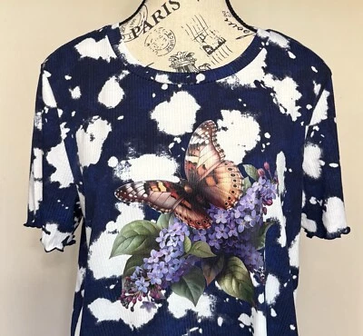 LuLaRoe Mujer XL Tejido Acanalado T Azul Marino Blanco Mariposa Floral Mangas Cortas B40 Foto 1 de 4