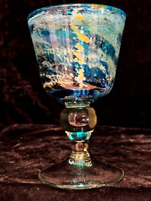 MDINA MALTA GLASS 6 1/2" GOBLET BLUE SUMMER 1978 DESIGN SIGNED #3