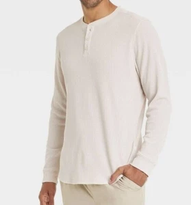 Men's Waffle-Knit long Sleeve 3 Button Henley Shirt - All in Motion Stone/Light - Picture 1 of 6