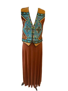Hairston Roberson Ropa Small Western Leather Suede Skirt Set Brown Turquoise - Picture 1 of 10
