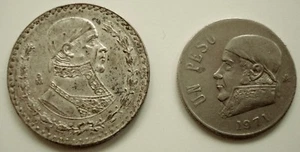 Huge 10% Silver Mexico 1967 Peso + Mexico Un Peso 1971 Copper Nickel Coin - Picture 1 of 2