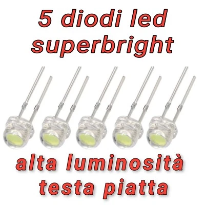 5 diodi led mm 5 Luce Bianca STRAW HAT alta luminosità 170° Testa Piatta 3V/20mA - Immagine 1 di 4