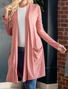 Women's Open Front Long Sleeve Knee Length Jersey Cardigan with Pockets Zenana - Picture 1 of 30