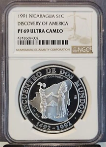 1991 NICARAGUA SILVER 1 CORDOBA DISCOVERY OF AMERICA NGC PF 69 ULTRA CAMEO TOP - Picture 1 of 3