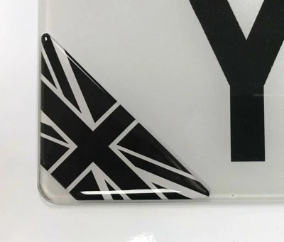 JAKEDESIGNS 2 x Union Jack Corner Number Plate Stickers - Black & White HIGH GLOSS DOMED GEL